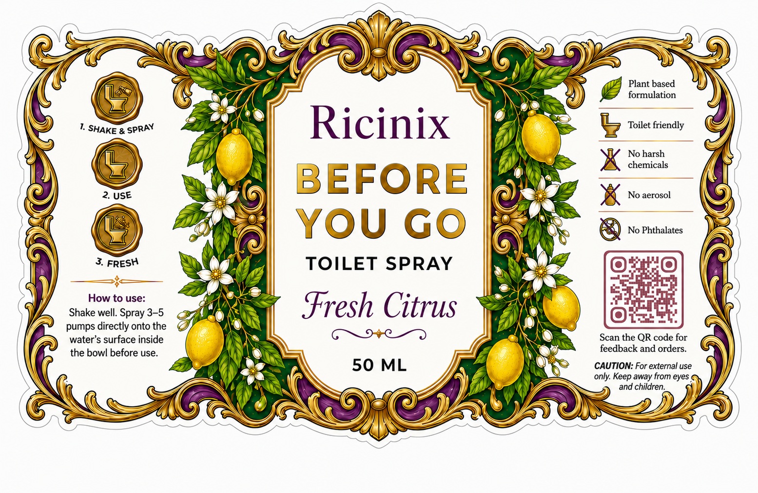 Ricinix product label – Fresh Citrus botanical design